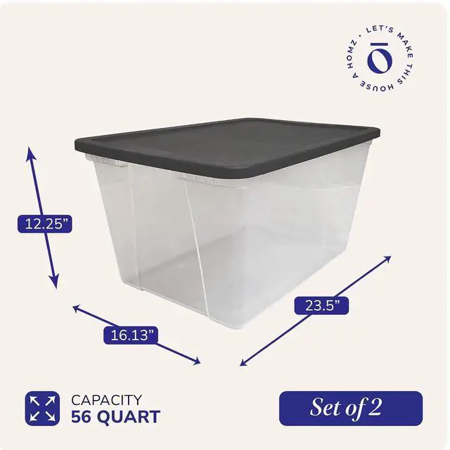 Alt view image 4 of 7 - HOMZ 2-Pack Snaplock, Large Clear Plastic Storage Organizer Bins w/Lids, 56 Quart, Gray - Stackable Container Boxes for Bedroom, Bathroom, Garage, and Office Organization