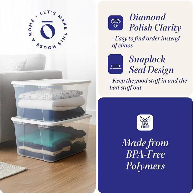 Alt view image 3 of 7 - HOMZ 2-Pack Snaplock, Large Clear Plastic Storage Organizer Bins w/Lids, 56 Quart, White - Stackable Container Boxes for Bedroom, Bathroom, Garage, and Office Organization