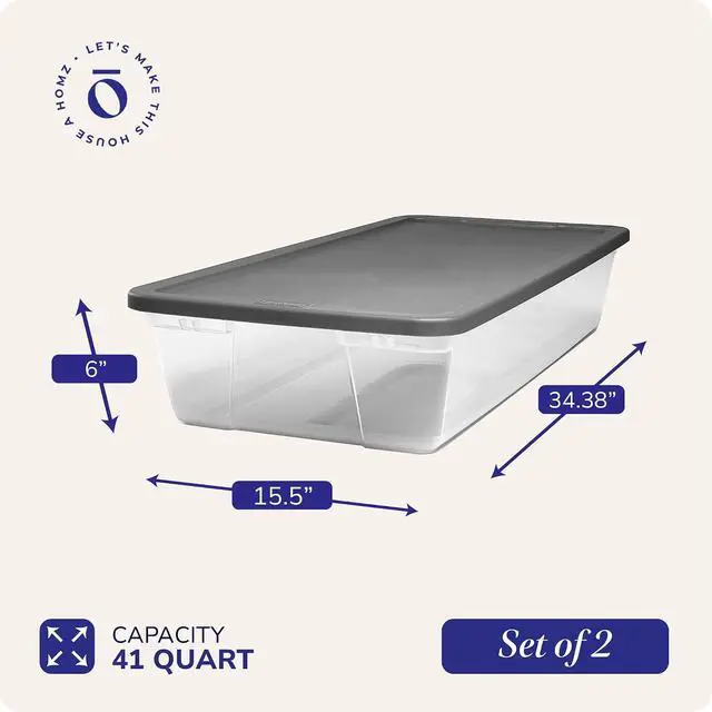 Alt view image 4 of 7 - HOMZ 2-Pack Snaplock, Large Clear Plastic Storage Organizer Bins w/Lids, 41 Quart, Gray - Stackable Container Boxes for Bedroom, Bathroom, Garage, and Office Organization