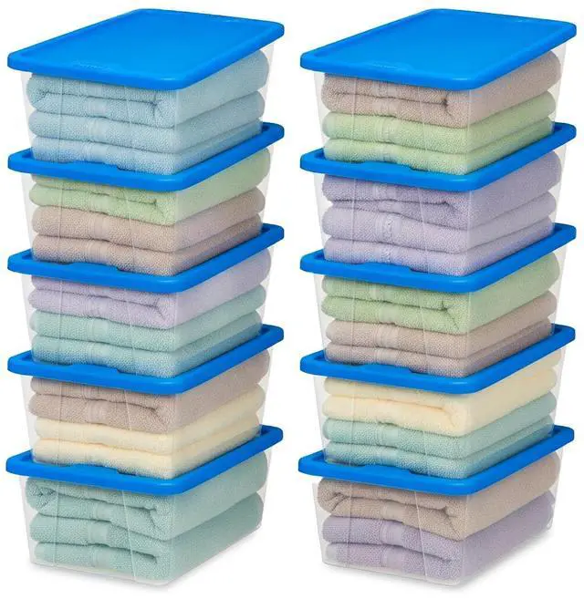 Main image of HOMZ 10-Pack Snaplock, Small Clear Plastic Storage Organizer Bins w/Lids, 6 Quart, Blue - Stackable Container Boxes for Bedroom, Bathroom, Garage, and Office Organization