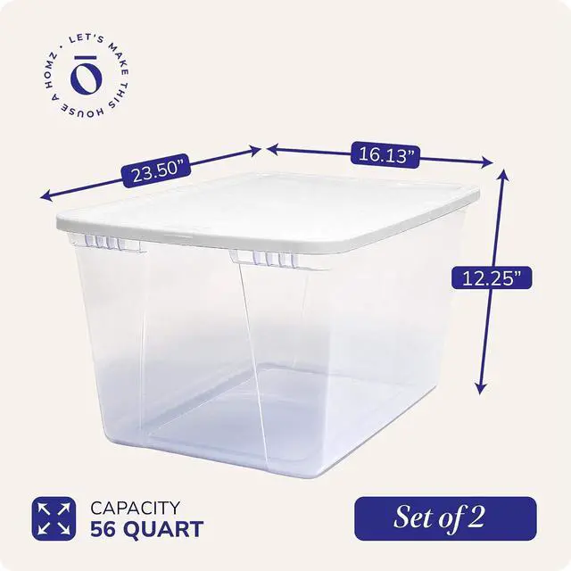 Alt view image 5 of 7 - HOMZ 2-Pack Snaplock, Large Clear Plastic Storage Organizer Bins w/Lids, 56 Quart, White - Stackable Container Boxes for Bedroom, Bathroom, Garage, and Office Organization