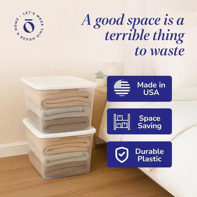Alt view image 6 of 7 - HOMZ 2-Pack Snaplock, Large Clear Plastic Storage Organizer Bins w/Lids, 56 Quart, White - Stackable Container Boxes for Bedroom, Bathroom, Garage, and Office Organization