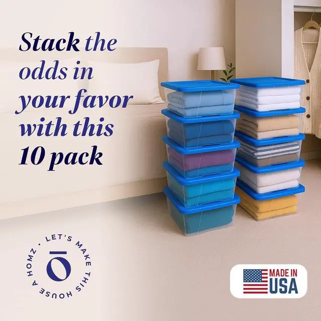 Alt view image 2 of 7 - HOMZ 10-Pack Snaplock, Small Clear Plastic Storage Organizer Bins w/Lids, 6 Quart, Blue - Stackable Container Boxes for Bedroom, Bathroom, Garage, and Office Organization