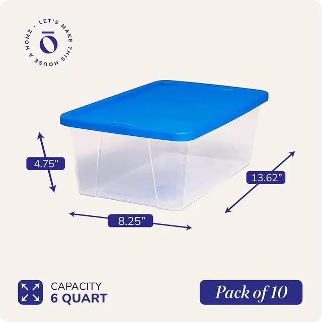 Alt view image 4 of 7 - HOMZ 10-Pack Snaplock, Small Clear Plastic Storage Organizer Bins w/Lids, 6 Quart, Blue - Stackable Container Boxes for Bedroom, Bathroom, Garage, and Office Organization