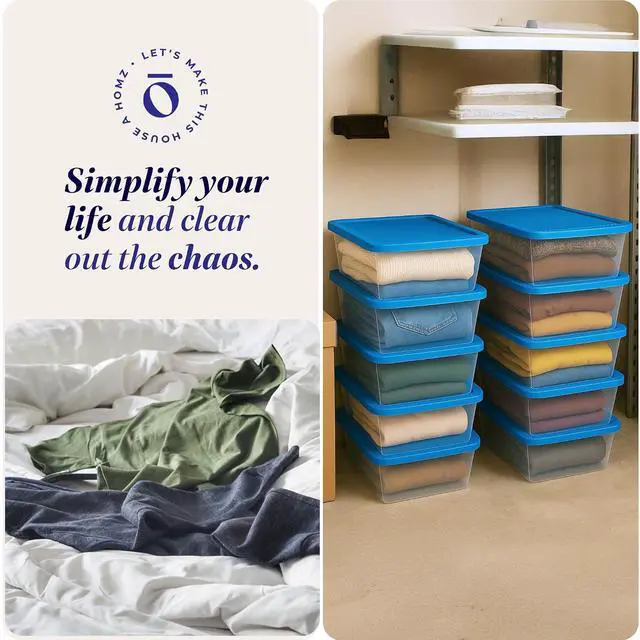 Alt view image 6 of 7 - HOMZ 10-Pack Snaplock, Small Clear Plastic Storage Organizer Bins w/Lids, 6 Quart, Blue - Stackable Container Boxes for Bedroom, Bathroom, Garage, and Office Organization