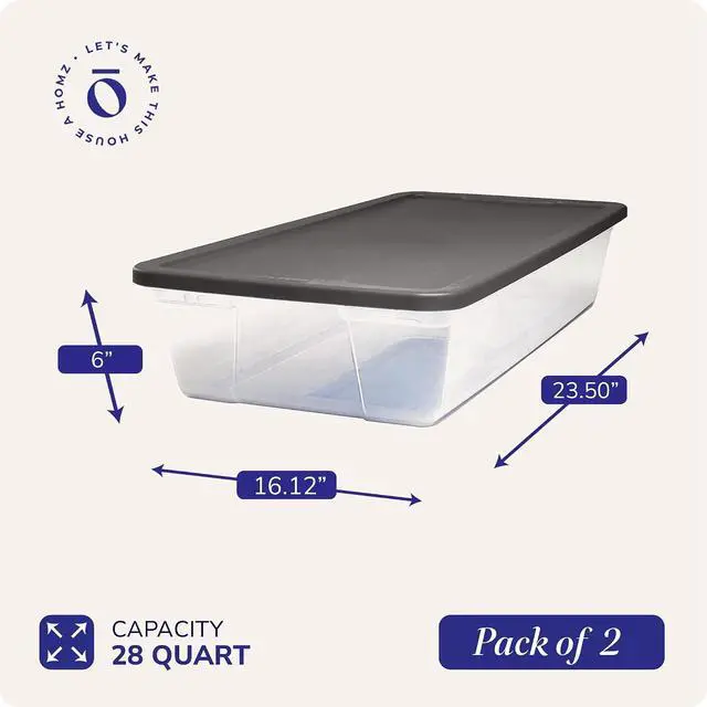 Alt view image 4 of 7 - HOMZ 2-Pack Snaplock, Small Clear Plastic Storage Organizer Bins w/ Lids, 28 Quart, Gray - Stackable Container Boxes for Bedroom, Bathroom, Garage, and Office Organization