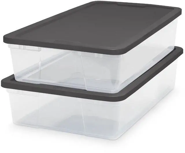 Main image of HOMZ 2-Pack Snaplock, Small Clear Plastic Storage Organizer Bins w/ Lids, 28 Quart, Gray - Stackable Container Boxes for Bedroom, Bathroom, Garage, and Office Organization