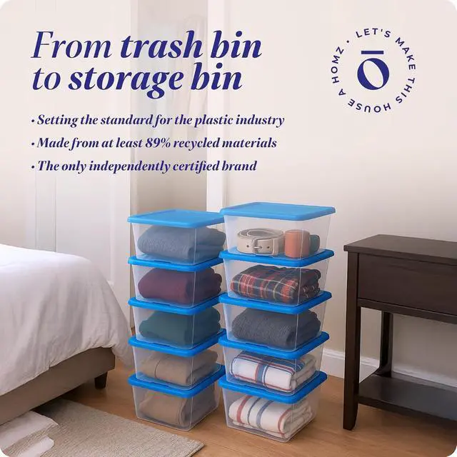 Alt view image 7 of 7 - HOMZ 10-Pack Snaplock, Small Clear Plastic Storage Organizer Bins w/Lids, 6 Quart, Blue - Stackable Container Boxes for Bedroom, Bathroom, Garage, and Office Organization