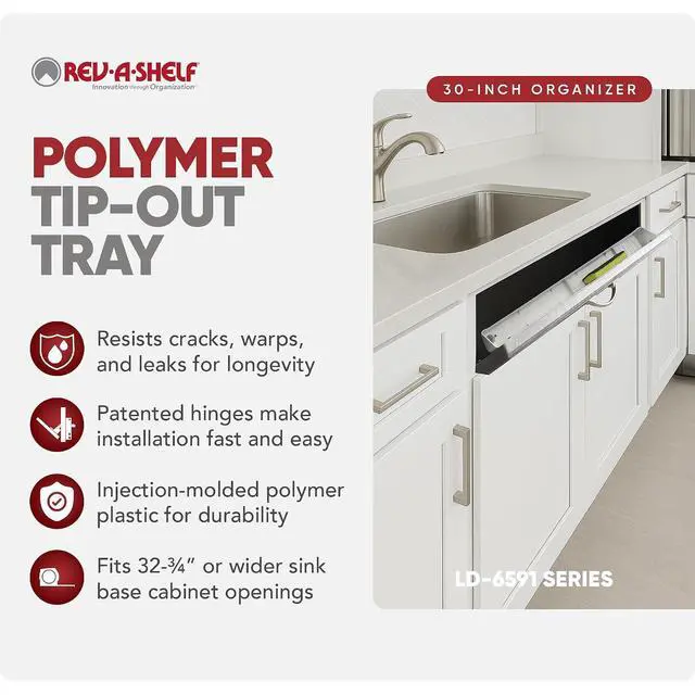 Alt view image 2 of 7 - Rev-A-Shelf 30" Plastic Tip-Out Tray Organizer for Sink Base Cabinets, Home Kitchen and Bathroom Organization, Min Opening Width of 32.75", White, LD-6591-30-11-1
