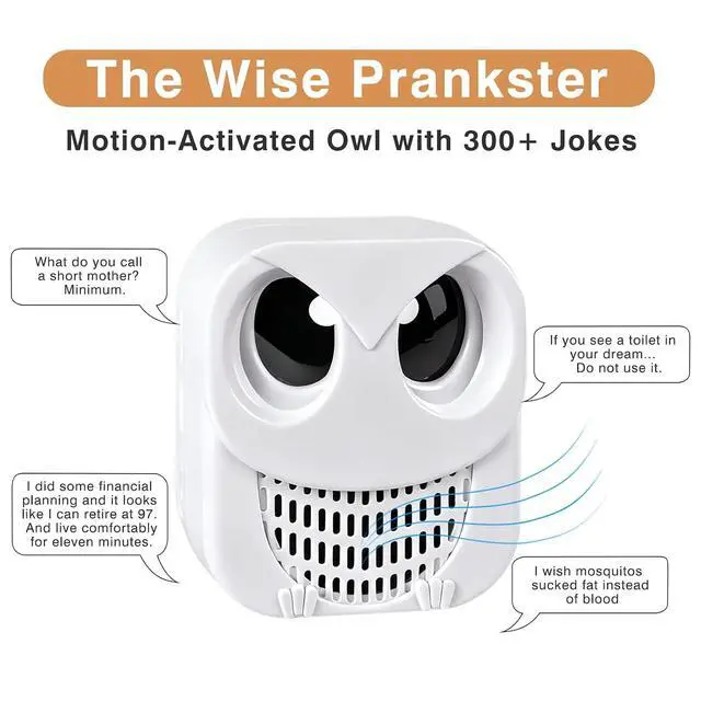 Alt view image 2 of 6 - Prank Owl Motion Activated Sound Effects Machine - 360+ Dad Jokes, White | Hilarious Sounds - Ultimate Gag & Practical Joke Toys for Home Office Party - Laugh Trigger Funny Gifts