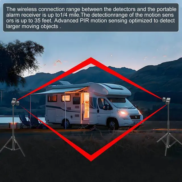 Alt view image 2 of 6 - Portable Outdoor Perimeter Alarm System- 2 Receivers+4 Sensors | 1/4 Mile Waterproof Wireless Motion Sensor&Detector- Personal Security for RV Alert