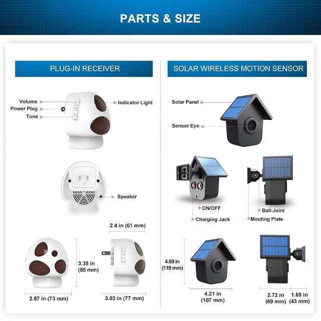 Alt view image 6 of 7 - Driveway Alarm- 1/2 Mile Long Range Outdoor Weatherproof Solar Wireless Motion Sensor&Detector-Portable Receiver Has Long Last Backup Battery- DIY Security Alert System for Home&Property