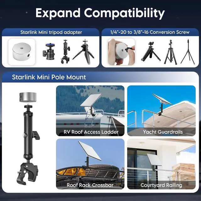Alt view image 5 of 7 - ® Starlink Mini Mount Clamp with Pipe Adapter for Starlink Mini | Aluminum Starlink Pole Mount with 1/4" & 3/8" Threads & Adjustable Bracket for Starlink Mini & Mini X on Roof Rack, Boat