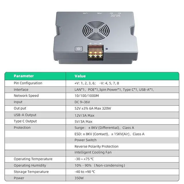 Alt view image 2 of 7 - ® 350W Starlink Mini PoE Splitter Adapter Kit for Starlink Mini/4/4X | 52V 6A DC Output, 9-36V Input, GigE & ESD Protection with Smart Cooling Aluminum Housing for Starlink Mini & Standard 4/4X