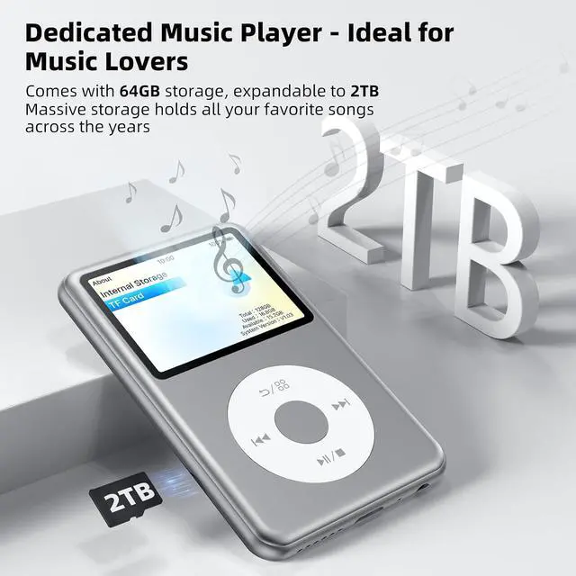 Alt view image 6 of 7 - 64GB Mp3 Player with Bluetooth, Lossless DSD DAC FLAC Support, Y2 Classic Dedicated Music Player with Playlists, Nostalgia Design, Supports up to 2TB Silver