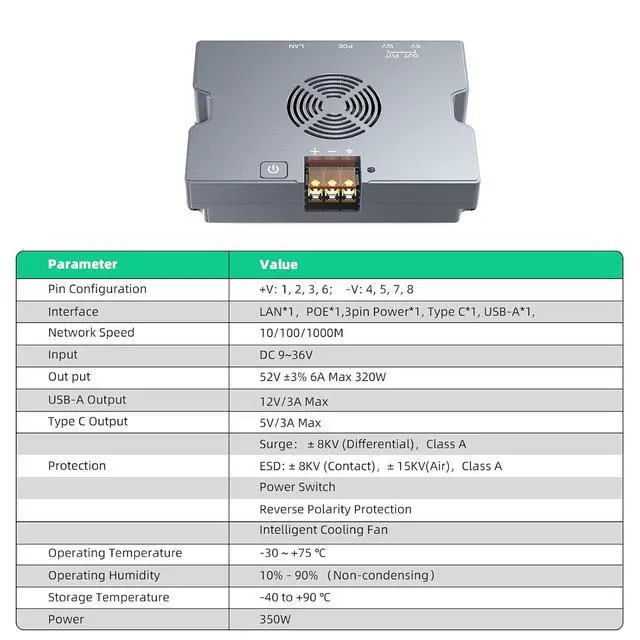 Alt view image 2 of 7 - ® 350W Starlink PoE for Starlink Performance(Gen 2) & Standar 4/4X | 52V 6A DC Output, 9-36V Wide Input, USB-C/A Ports & Smart Cooling Aluminum Case for Starlink V4, 4X & Performance(Gen 2)