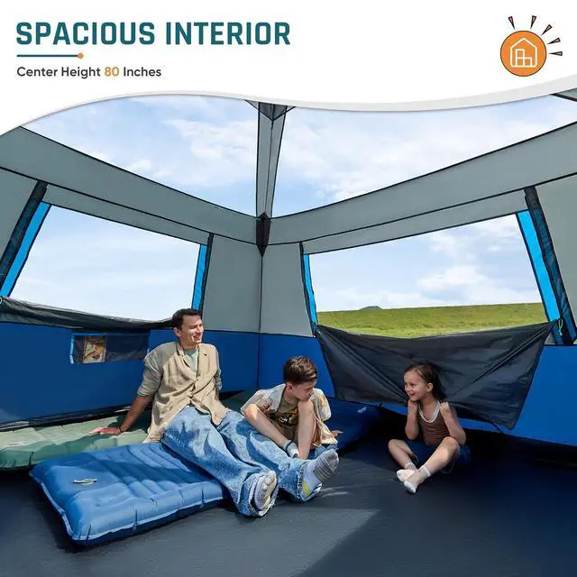 Alt view image 3 of 7 - 8 Person Instant Tents for Camping with Porch Easy Setup 60s | Large Windproof Camping Tent with Rainfly & 5 Mesh Windows, Portable Family Cabin Tent with Carry Bag for Camping & Hiking