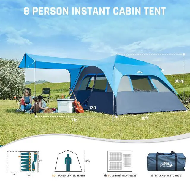Alt view image 7 of 7 - 8 Person Instant Tents for Camping with Porch Easy Setup 60s | Large Windproof Camping Tent with Rainfly & 5 Mesh Windows, Portable Family Cabin Tent with Carry Bag for Camping & Hiking