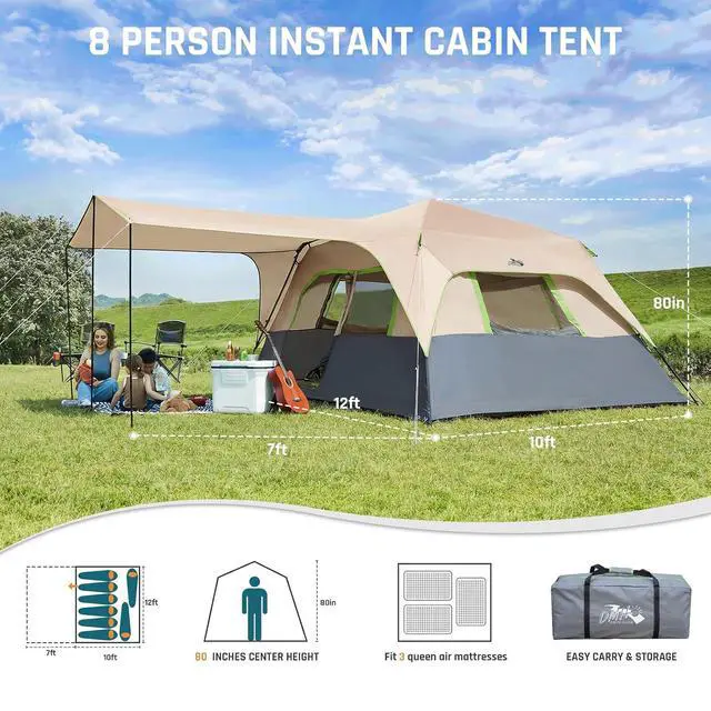 Alt view image 2 of 7 - 8 Person Instant Tents for Camping with Porch Easy Setup 60s | Large Windproof Camping Tent with Rainfly & 5 Mesh Windows, Portable Family Cabin Tent with Carry Bag for Camping & Hiking