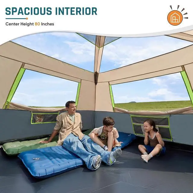 Alt view image 3 of 7 - 8 Person Instant Tents for Camping with Porch Easy Setup 60s | Large Windproof Camping Tent with Rainfly & 5 Mesh Windows, Portable Family Cabin Tent with Carry Bag for Camping & Hiking