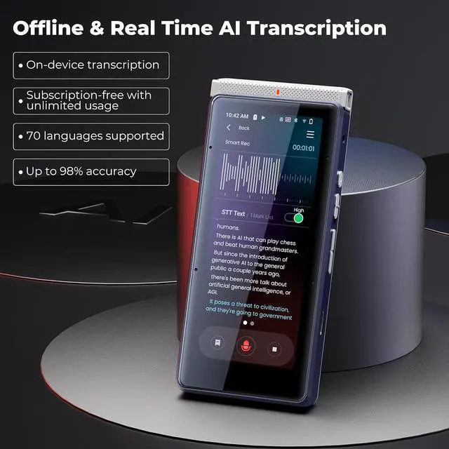 Alt view image 2 of 7 - PR1 AI Voice Recorder, Transcription & Translation with AI, 3.99 inch 64GB Smart Summarize, Offline AI Processing Note Taker for Meeting & Lectures, Translation for Business Travel, Silver