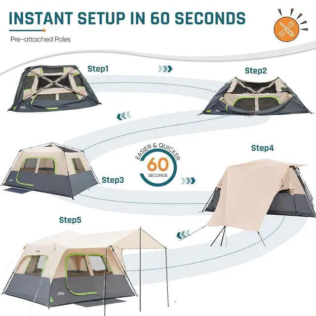 Alt view image 7 of 7 - 8 Person Instant Tents for Camping with Porch Easy Setup 60s | Large Windproof Camping Tent with Rainfly & 5 Mesh Windows, Portable Family Cabin Tent with Carry Bag for Camping & Hiking