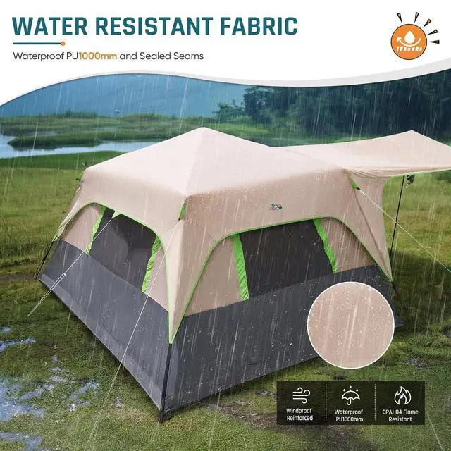 Alt view image 6 of 7 - 8 Person Instant Tents for Camping with Porch Easy Setup 60s | Large Windproof Camping Tent with Rainfly & 5 Mesh Windows, Portable Family Cabin Tent with Carry Bag for Camping & Hiking
