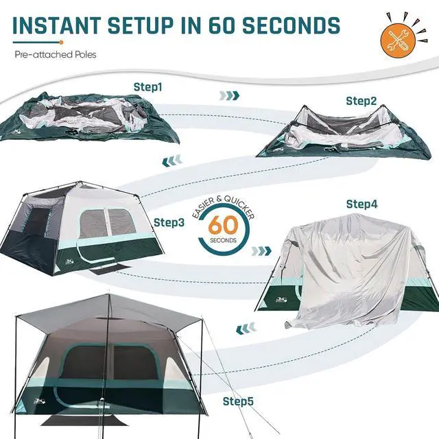 Alt view image 2 of 7 - 8 Person Instant Tents for Camping with Porch Easy Setup 60s | Large Windproof Camping Tent with Rainfly & 5 Mesh Windows, Portable Family Cabin Tent with Carry Bag for Camping & Hiking