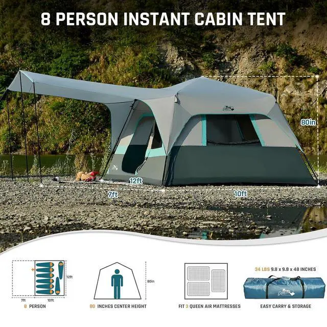 Alt view image 3 of 7 - 8 Person Instant Tents for Camping with Porch Easy Setup 60s | Large Windproof Camping Tent with Rainfly & 5 Mesh Windows, Portable Family Cabin Tent with Carry Bag for Camping & Hiking