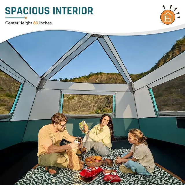 Alt view image 4 of 7 - 8 Person Instant Tents for Camping with Porch Easy Setup 60s | Large Windproof Camping Tent with Rainfly & 5 Mesh Windows, Portable Family Cabin Tent with Carry Bag for Camping & Hiking