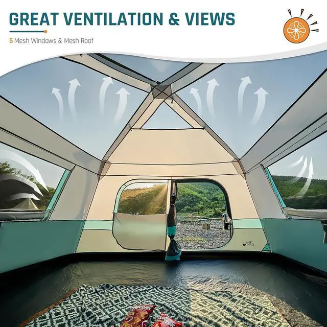 Alt view image 5 of 7 - 8 Person Instant Tents for Camping with Porch Easy Setup 60s | Large Windproof Camping Tent with Rainfly & 5 Mesh Windows, Portable Family Cabin Tent with Carry Bag for Camping & Hiking