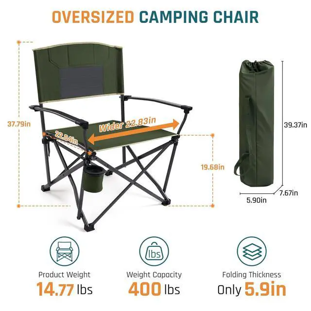 Alt view image 2 of 7 - Oversized Heavy Duty Camping Chairs for Adults 400LBS Capacity | Portable Folding Lawn Chair with Airflow Backrest, Durable Steel Frame, Cup Holder, Carry Bag for Outdoor, Sports, Fishing