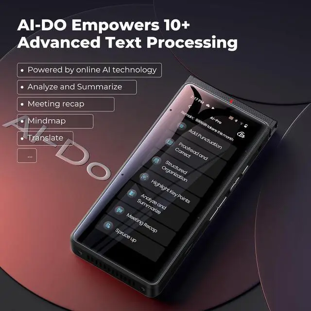 Alt view image 3 of 7 - PR1 AI Voice Recorder, Transcription & Translation with AI, 3.99 inch 64GB Smart Summarize, Offline AI Processing Note Taker for Meeting & Lectures, Translation for Business Travel, Black