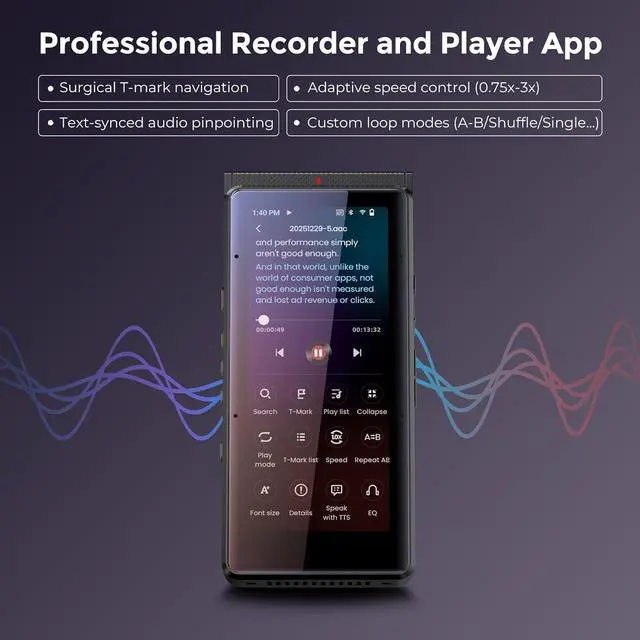 Alt view image 7 of 7 - PR1 AI Voice Recorder, Transcription & Translation with AI, 3.99 inch 64GB Smart Summarize, Offline AI Processing Note Taker for Meeting & Lectures, Translation for Business Travel, Black