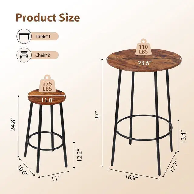 Alt view image 2 of 7 - 3 Piece Dining Table Set, Modern Round Bar Table and 2 Stools, Counter Height Wood Table and Chairs for Kitchen Breakfast Nook Dining Room Compact Space, Rustic Brown
