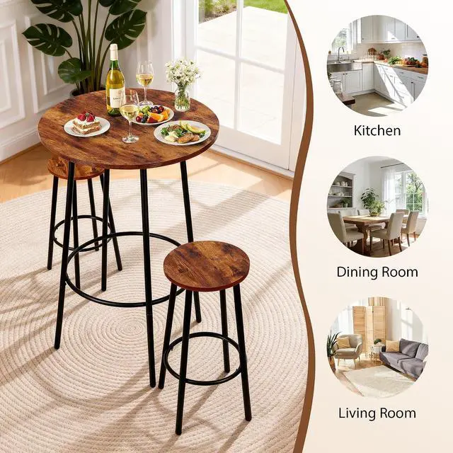 Alt view image 6 of 7 - 3 Piece Dining Table Set, Modern Round Bar Table and 2 Stools, Counter Height Wood Table and Chairs for Kitchen Breakfast Nook Dining Room Compact Space, Rustic Brown
