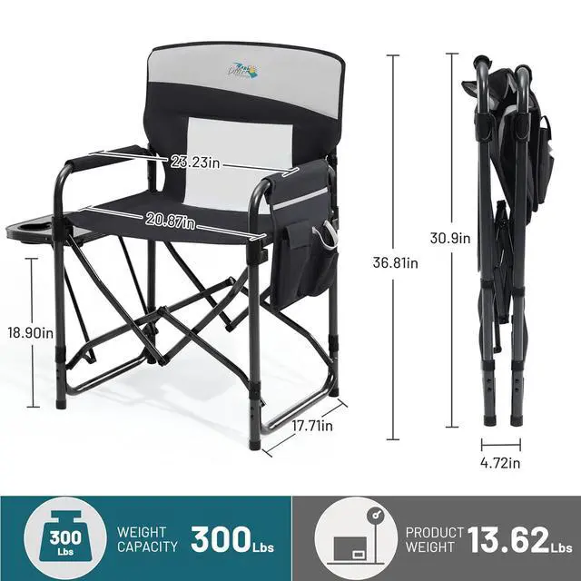 Alt view image 2 of 7 - Camping Directors Chair with Side Table & Breeze Mesh Backrest | Oversized Heavy Duty Lawn Chairs with Pocket, 1-Step Setup Portable Folding Camp Chair for Beach, Sports, Fishing, Tailgating