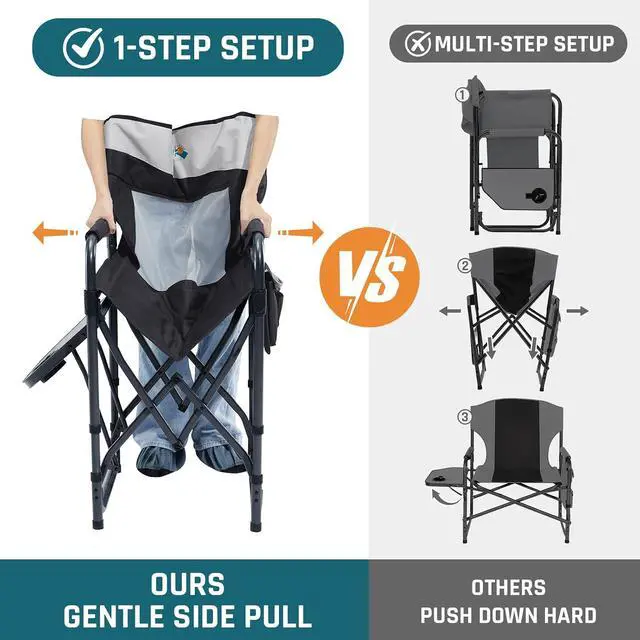 Alt view image 3 of 7 - Camping Directors Chair with Side Table & Breeze Mesh Backrest | Oversized Heavy Duty Lawn Chairs with Pocket, 1-Step Setup Portable Folding Camp Chair for Beach, Sports, Fishing, Tailgating