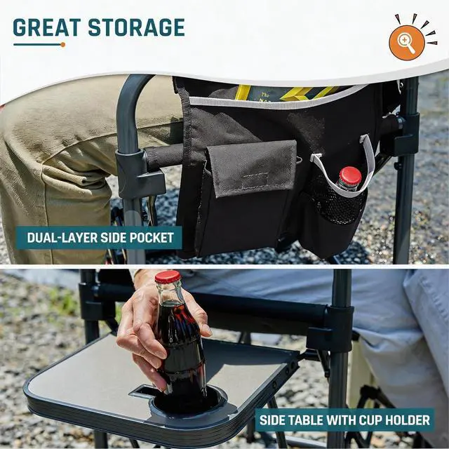 Alt view image 4 of 7 - Camping Directors Chair with Side Table & Breeze Mesh Backrest | Oversized Heavy Duty Lawn Chairs with Pocket, 1-Step Setup Portable Folding Camp Chair for Beach, Sports, Fishing, Tailgating