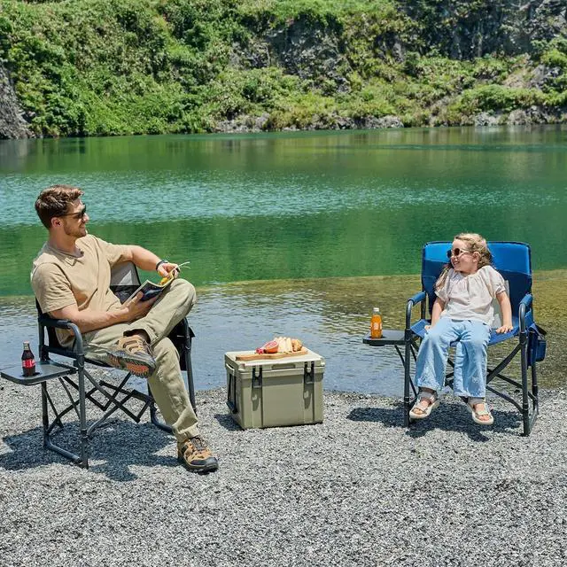 Alt view image 2 of 7 - 2 Pack Camping Directors Chair with Side Table & Breeze Mesh Backrest | Oversized Heavy Duty Lawn Chairs with Pocket, 1-Step Setup Portable Folding Camp Chair for Beach, Sports, Fishing, Tailgating