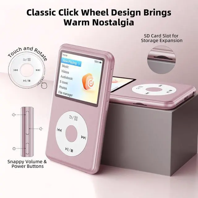 Alt view image 2 of 7 - Y2 Mp3 Player with Bluetooth, Lossless DSD DAC FLAC Support, Portable 8GB Classic Dedicated Audio Music Player with Playlists, Supports up to 2TB Pink