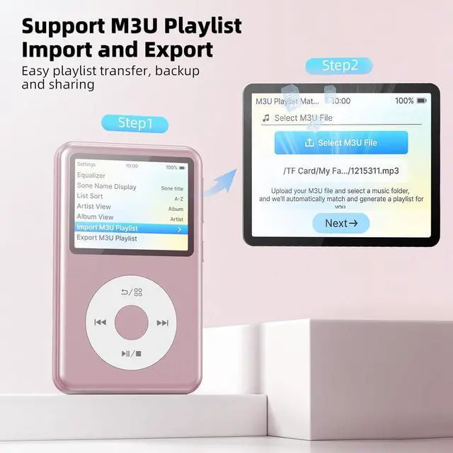 Alt view image 3 of 7 - Y2 Mp3 Player with Bluetooth, Lossless DSD DAC FLAC Support, Portable 8GB Classic Dedicated Audio Music Player with Playlists, Supports up to 2TB Pink