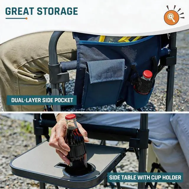 Alt view image 4 of 7 - Camping Directors Chair with Side Table & Breeze Mesh Backrest | Oversized Heavy Duty Lawn Chairs with Pocket, 1-Step Setup Portable Folding Camp Chair for Beach, Sports, Fishing, Tailgating