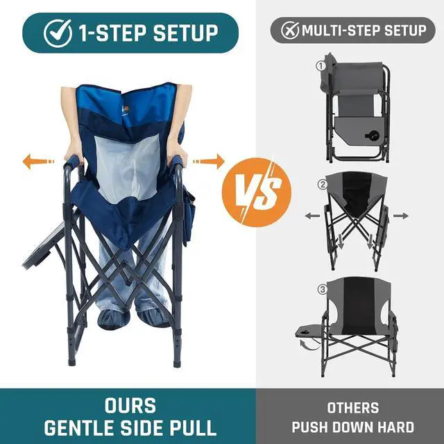 Alt view image 3 of 7 - Camping Directors Chair with Side Table & Breeze Mesh Backrest | Oversized Heavy Duty Lawn Chairs with Pocket, 1-Step Setup Portable Folding Camp Chair for Beach, Sports, Fishing, Tailgating