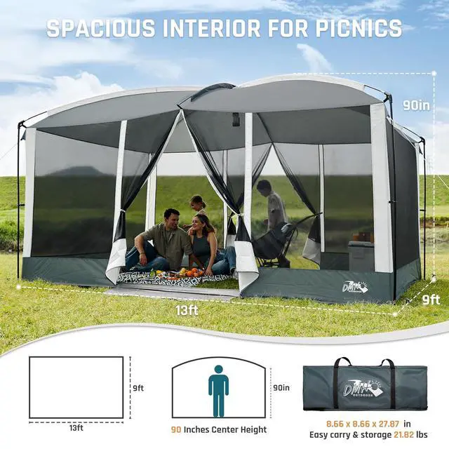 Alt view image 2 of 7 - Screen House Tent 13x9 FT with Netting Mesh & 2 Magnetic Doors | Portable Sunshade Screen Room Canopy Shelter with Projection Screen for 12 People, Outdoor Gazebo for Backyard Camping Patio