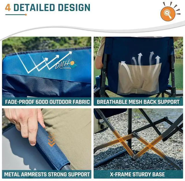 Alt view image 7 of 7 - 2 Pack Camping Directors Chair with Side Table & Breeze Mesh Backrest | Oversized Heavy Duty Lawn Chairs with Pocket, 1-Step Setup Portable Folding Camp Chair for Beach, Sports, Fishing, Tailgating