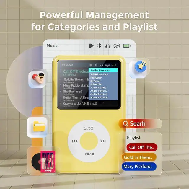 Alt view image 2 of 7 - Mp3 Player with Bluetooth Y1 Portable Music Digital Players Supports Playlist Audiobook Video Nice Gadget for Kids Lemon