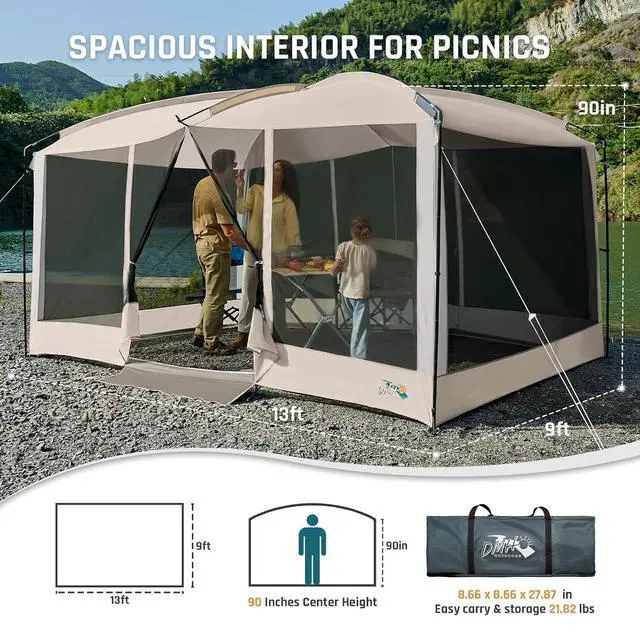 Alt view image 2 of 7 - Screen House Tent 13x9 FT with Netting Mesh & 2 Magnetic Doors | Portable Sunshade Screen Room Canopy Shelter with Projection Screen for 12 People, Outdoor Gazebo for Backyard Camping Patio