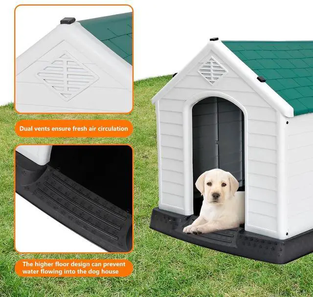 Alt view image 7 of 7 - Large Plastic Dog House Indoor Outdoor Doghouse Dog Kennel Easy to Assemble Puppy Shelter with Air Vents Elevated Floor Waterproof Green