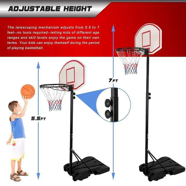 Alt view image 2 of 7 - Kids Portable 5.4-7 Ft Height Adjustable Basketball Hoop Stand, 28 Inch Backboard, Basketball Goals Indoor/Outdoor